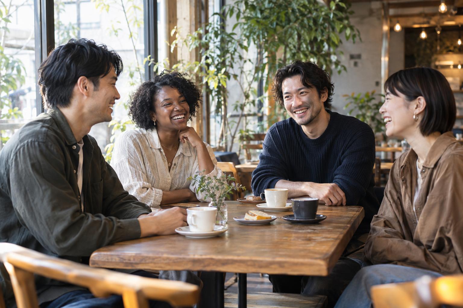カフェのテーブルを囲んで話す友人たち